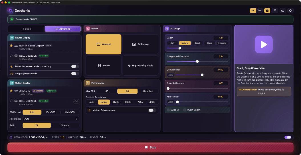 Depthonix control panel converting a screen to 3D SBS for AR/XR glasses