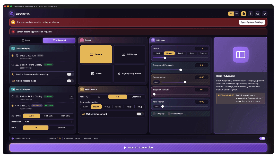 On first launch, Depthonix shows a red banner at the top. Click “Open System Settings”.