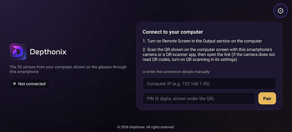 Install the Depthonix Remote app on your smartphone and open it. The first screen is the pairing screen — it shows “Not connected” and a “Connect to your computer” card.