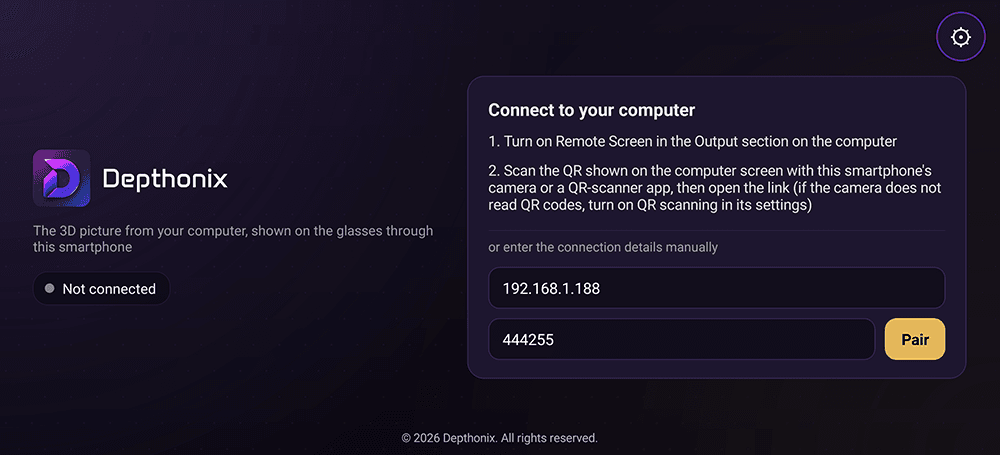 Or enter the connection details manually: type the computer's IP and the 6-digit PIN shown under the QR into the fields in the app on the smartphone, then press “Pair”.
