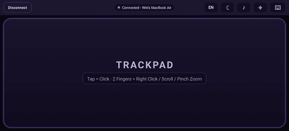 Once conversion starts, the 3D picture and the computer's sound appear in the glasses and the smartphone screen is a full-screen trackpad. The top bar has the “Disconnect” button (left), the “Connected” status with the computer's name (centre), and the button cluster on the right: Language (EN / ไทย), Screen off (☾), Audio sync (♪), Re-center pointer (⌖) and Keyboard (⌨) — each is described in the next section.