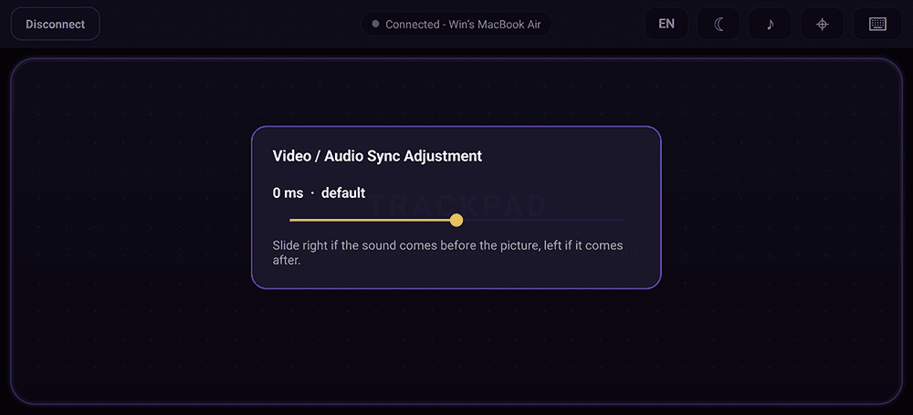 Tap the ♪ button in the top bar to open “Video / Audio Sync Adjustment”. The default is 0 ms — slide right if the sound arrives before the picture, left if it comes after (tap outside the card to close it). The phone remembers the setting.