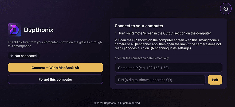 The next time you open the app, the pairing screen already remembers the computer: press “Connect — <computer name>” to reconnect right away, no QR needed. “Forget this computer” (it asks you to confirm) removes the pairing — use it when the computer's IP address has changed (a different Wi-Fi network, or a new IP from the router): press Forget, then pair again with the QR or the IP + PIN.