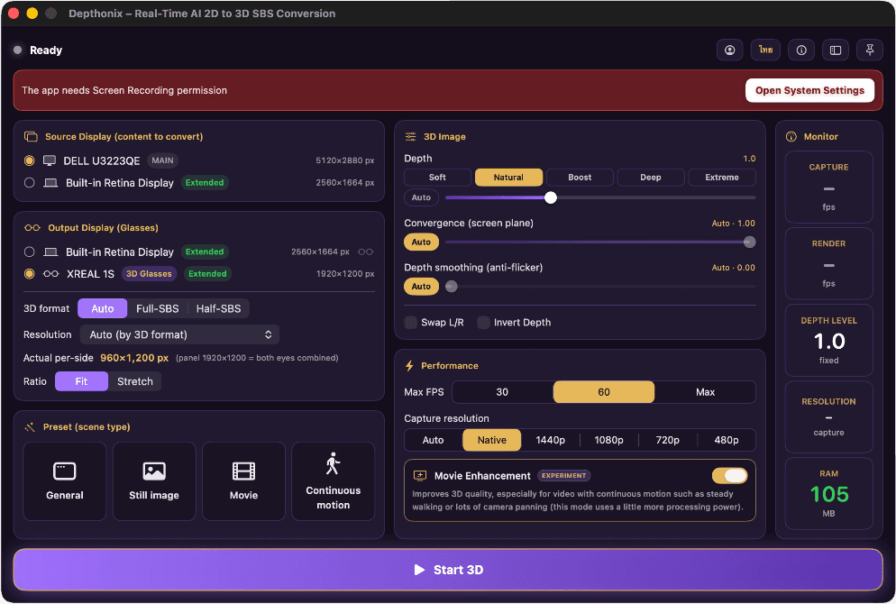 On first launch, Depthonix shows a red banner at the top. Click “Open System Settings”.