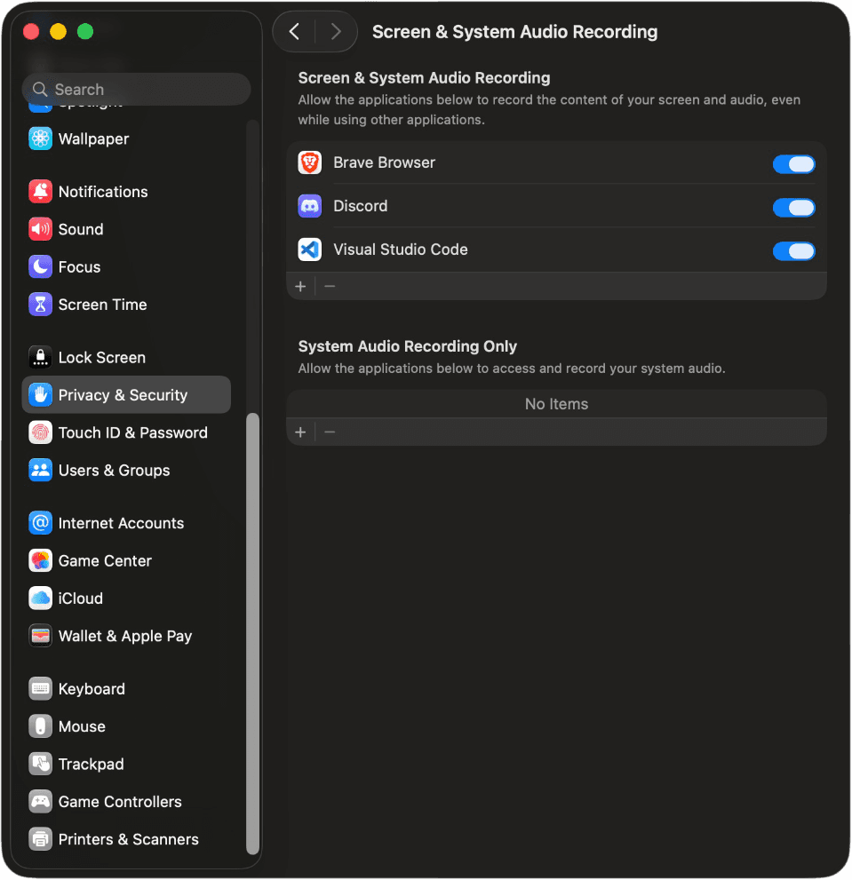 System Settings opens to Privacy & Security → Screen & System Audio Recording.